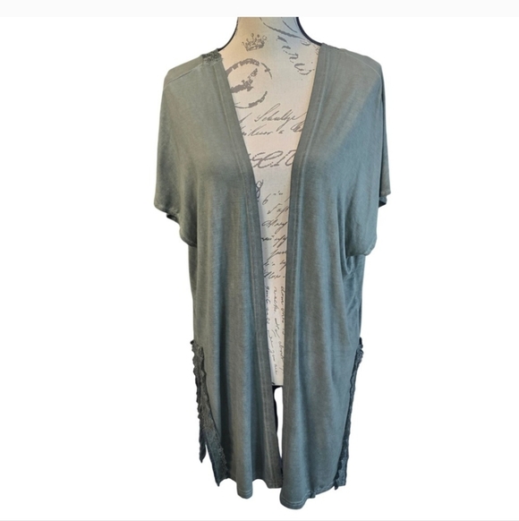POL Sage Green Mineral Wash Lace-Trimmed Open Cardigan Tunic Duster Top - Picture 2 of 3
